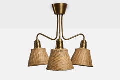 Swedish Designer, Chandelier, Brass, Rattan, Sweden, 1950s