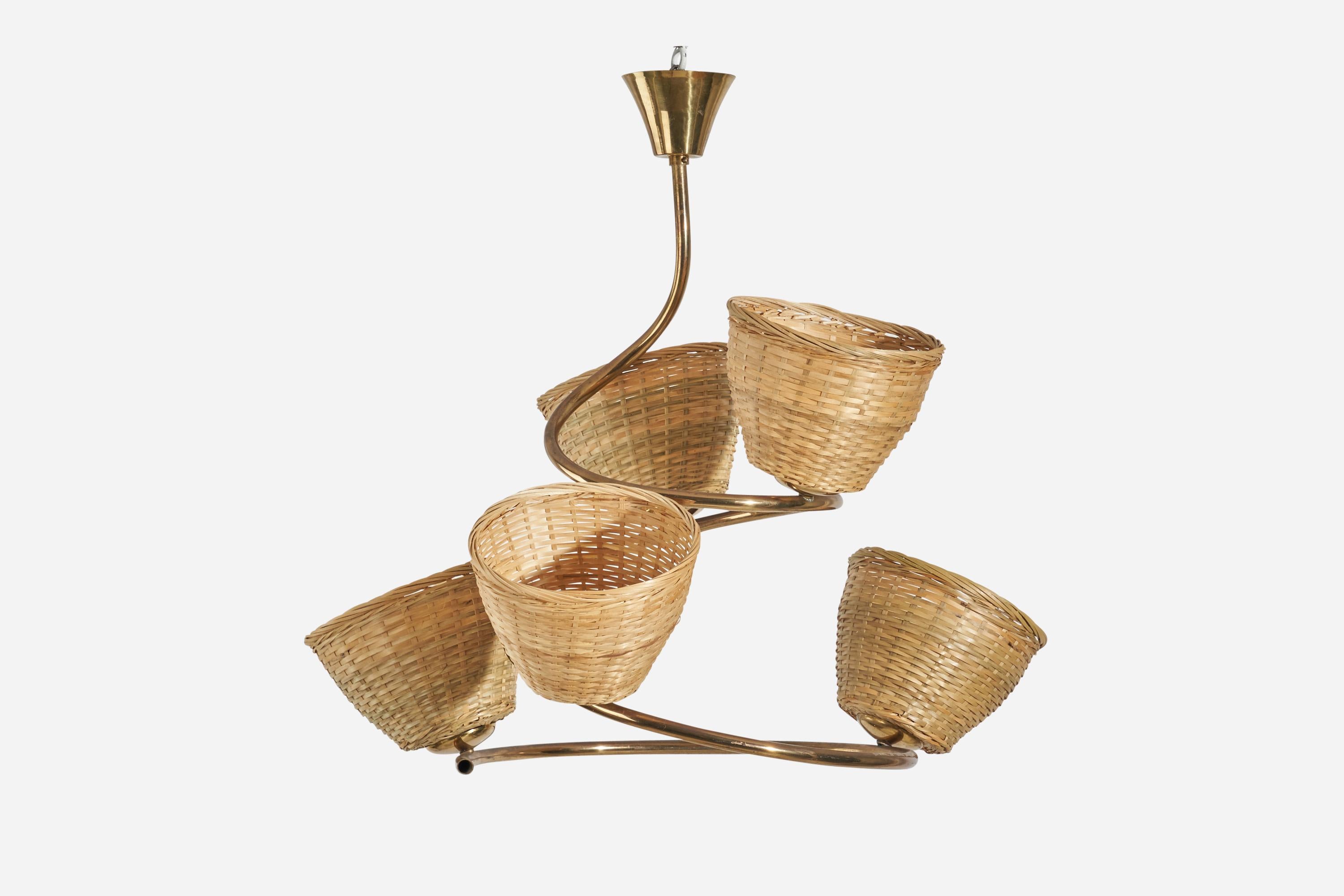 A brass and rattan chandelier designed and produced by a Swedish designer, Sweden, 1950s.

Dimensions of canopy (inches) : 2.6 x 3.7 x 3.7 (height x width x depth)

Sockets take standard E-26 medium base bulb.

There is no maximum wattage