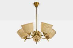 Swedish Designer, Chandelier, Brass, Rattan, Sweden, 1950s
