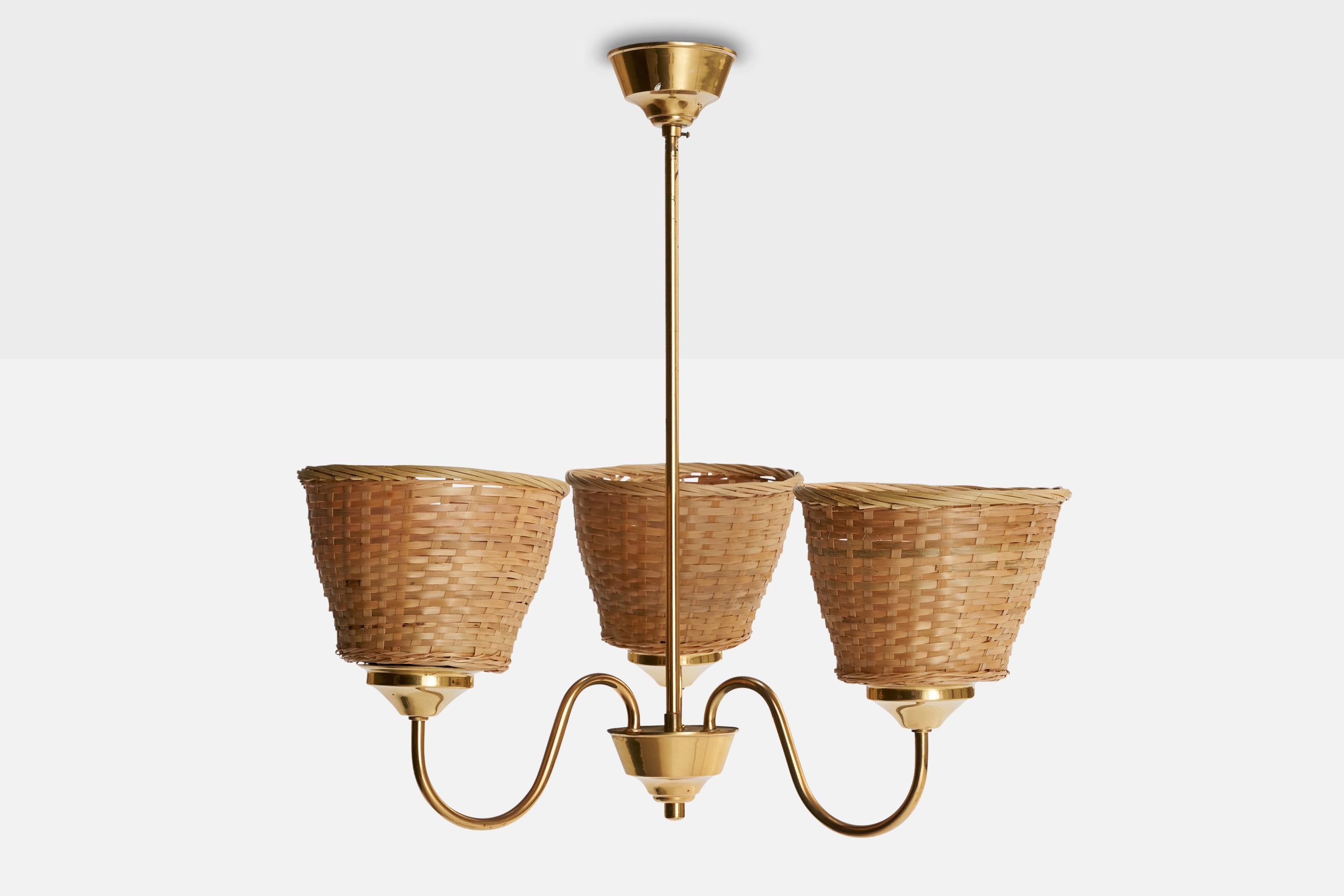 Scandinavian Modern Swedish Designer, Chandelier, Brass, Rattan, Sweden, 1950s For Sale