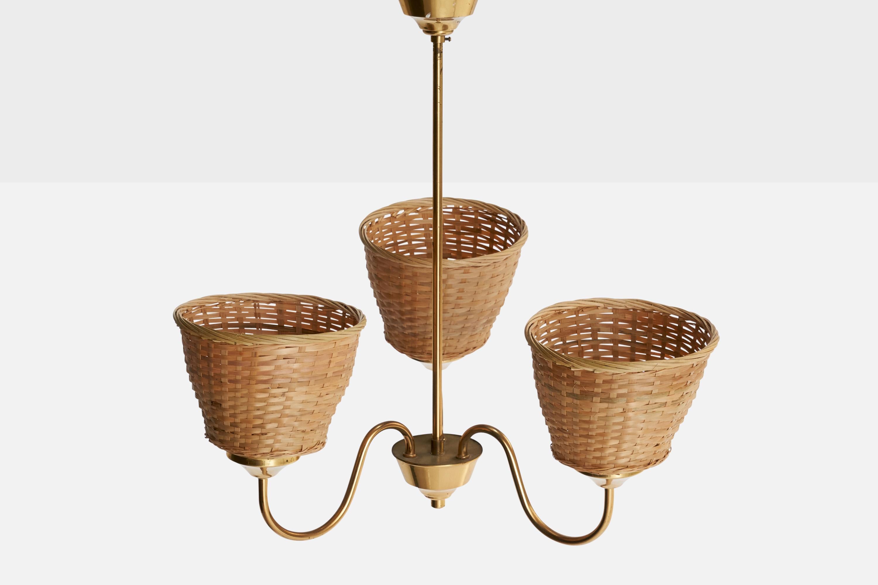 Swedish Designer, Chandelier, Brass, Rattan, Sweden, 1950s In Good Condition For Sale In High Point, NC