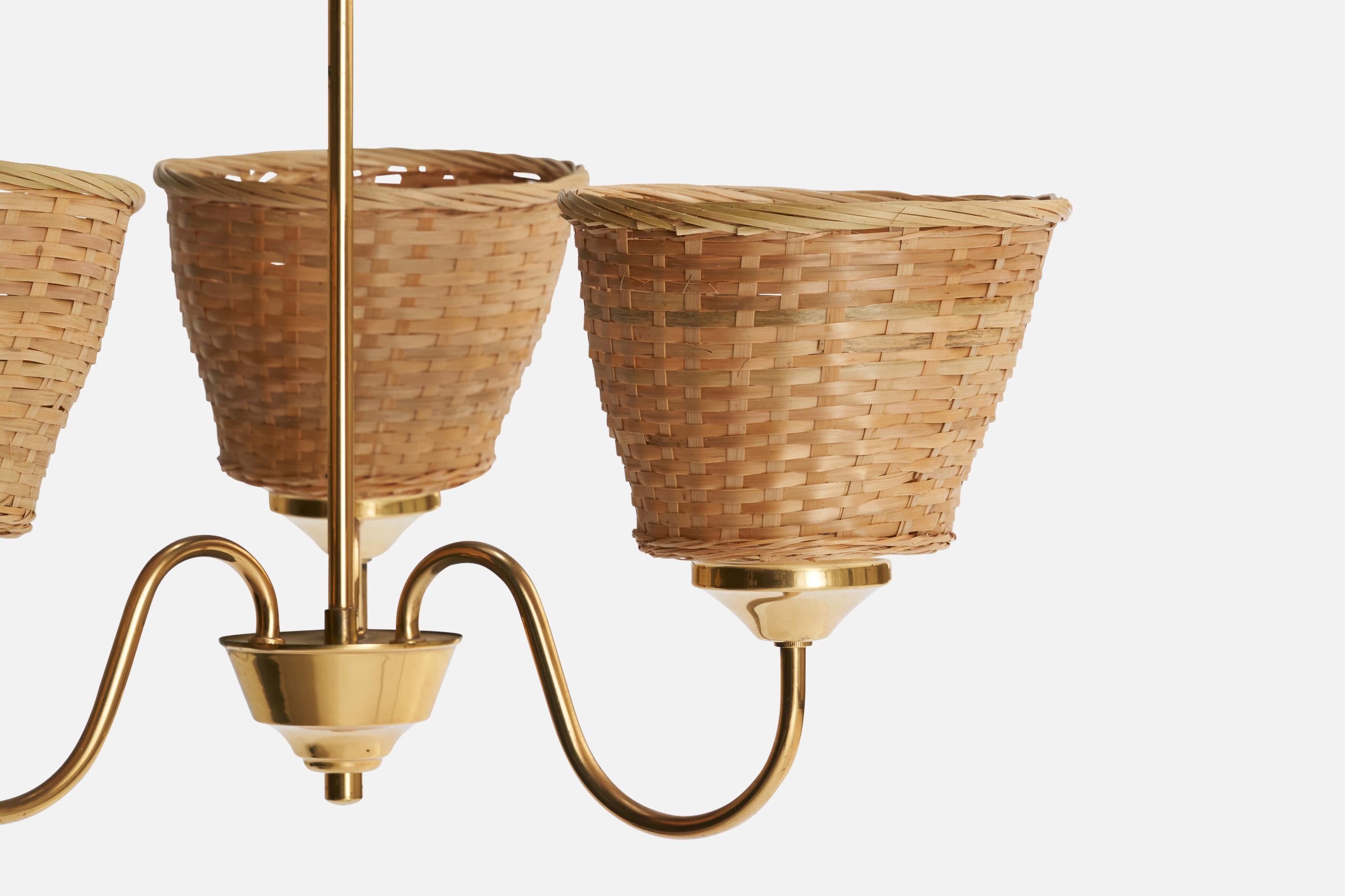 Mid-20th Century Swedish Designer, Chandelier, Brass, Rattan, Sweden, 1950s For Sale