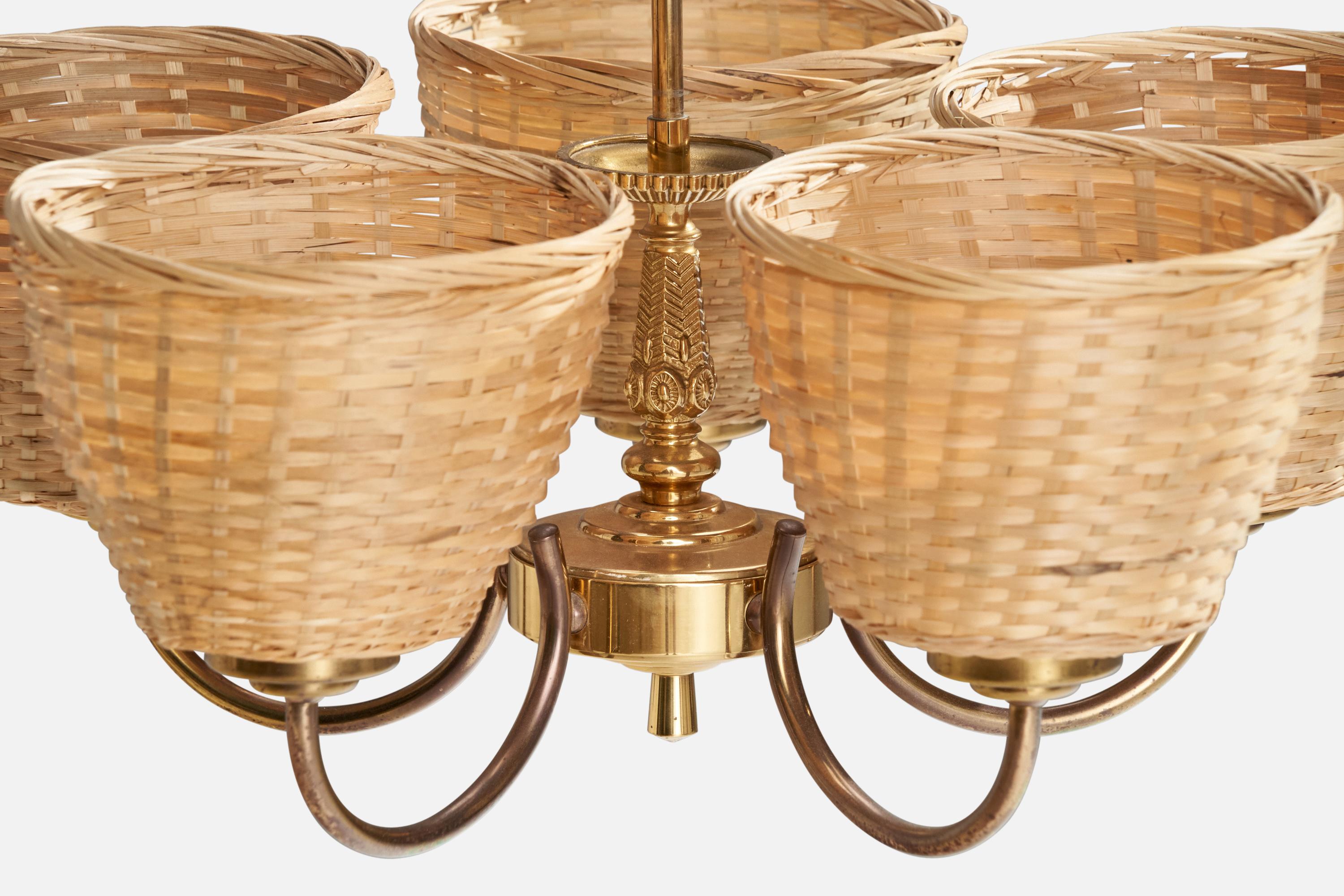 Milieu du XXe siècle Lustre de designer suédois, en laiton et rotin, Suède, années 1950 en vente