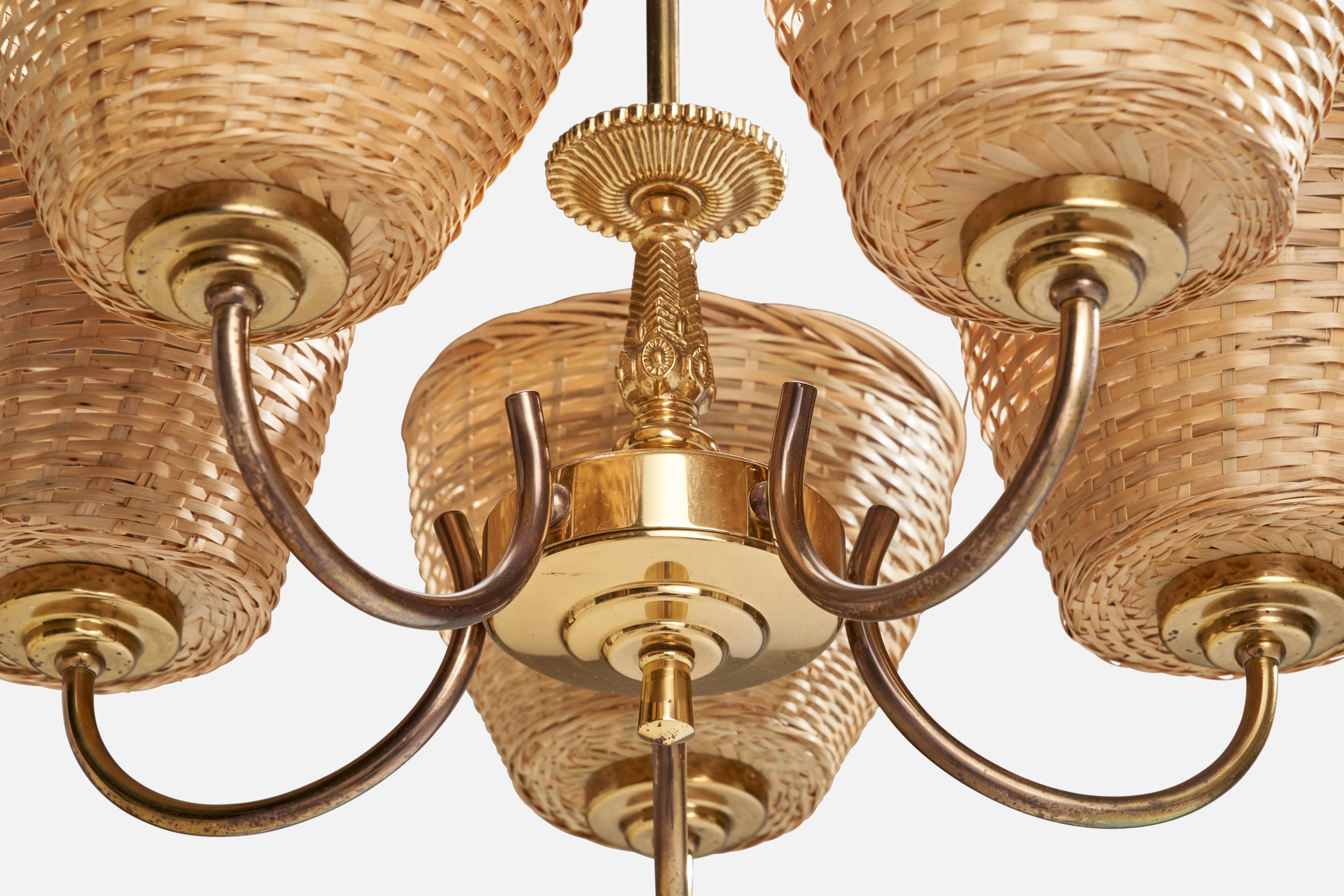 Rotin Lustre de designer suédois, en laiton et rotin, Suède, années 1950 en vente