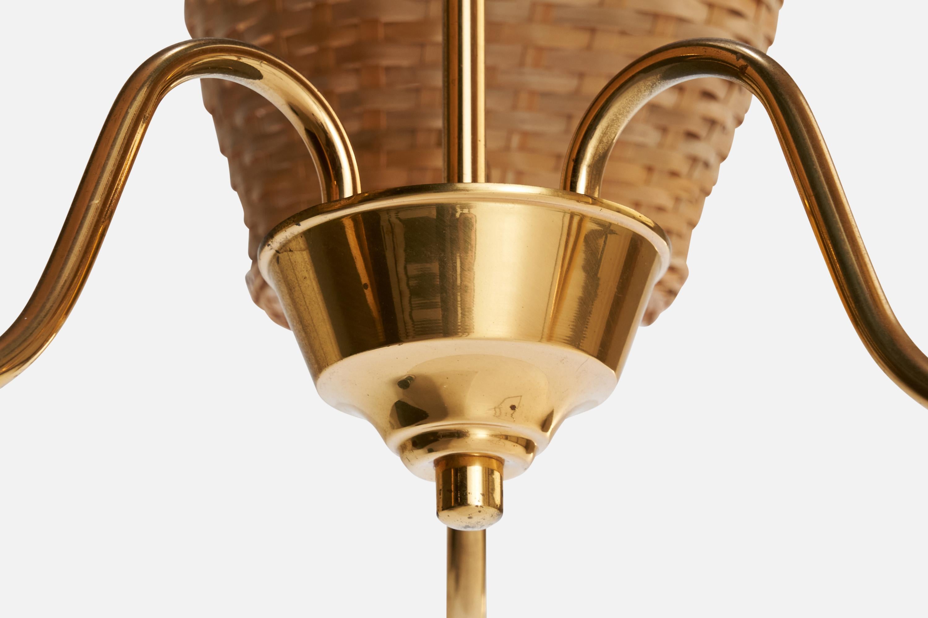 Swedish Designer, Chandelier, Brass, Rattan, Sweden, 1950s For Sale 2