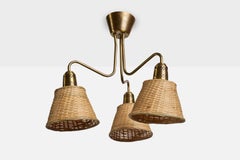 Swedish Designer, Chandelier, Brass, Rattan, Sweden, 1950s