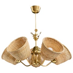 Swedish Designer, Chandelier, Brass, Rattan, Sweden, 1950s