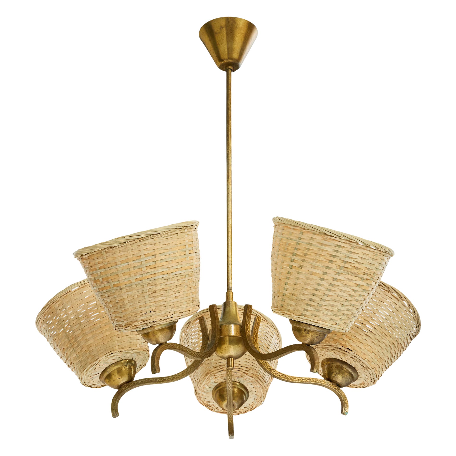 Swedish Designer, Chandelier, Brass, Rattan, Sweden, 1950s