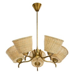 Swedish Designer, Chandelier, Brass, Rattan, Sweden, 1950s