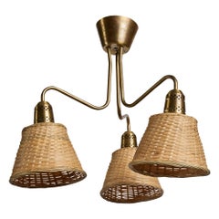 Swedish Designer, Chandelier, Brass, Rattan, Sweden, 1950s