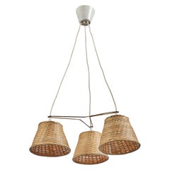 Swedish Designer, Chandelier, Brass, Rattan, Sweden, 1950s