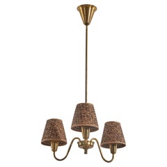 Swedish Designer, Chandelier, Brass, Rattan, Sweden, 1950s