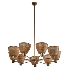 Swedish Designer, Chandelier, Brass, Rattan, Sweden, 1950s