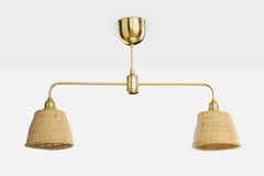 Swedish Designer, Chandelier, Brass, Rattan, Sweden, 1980s