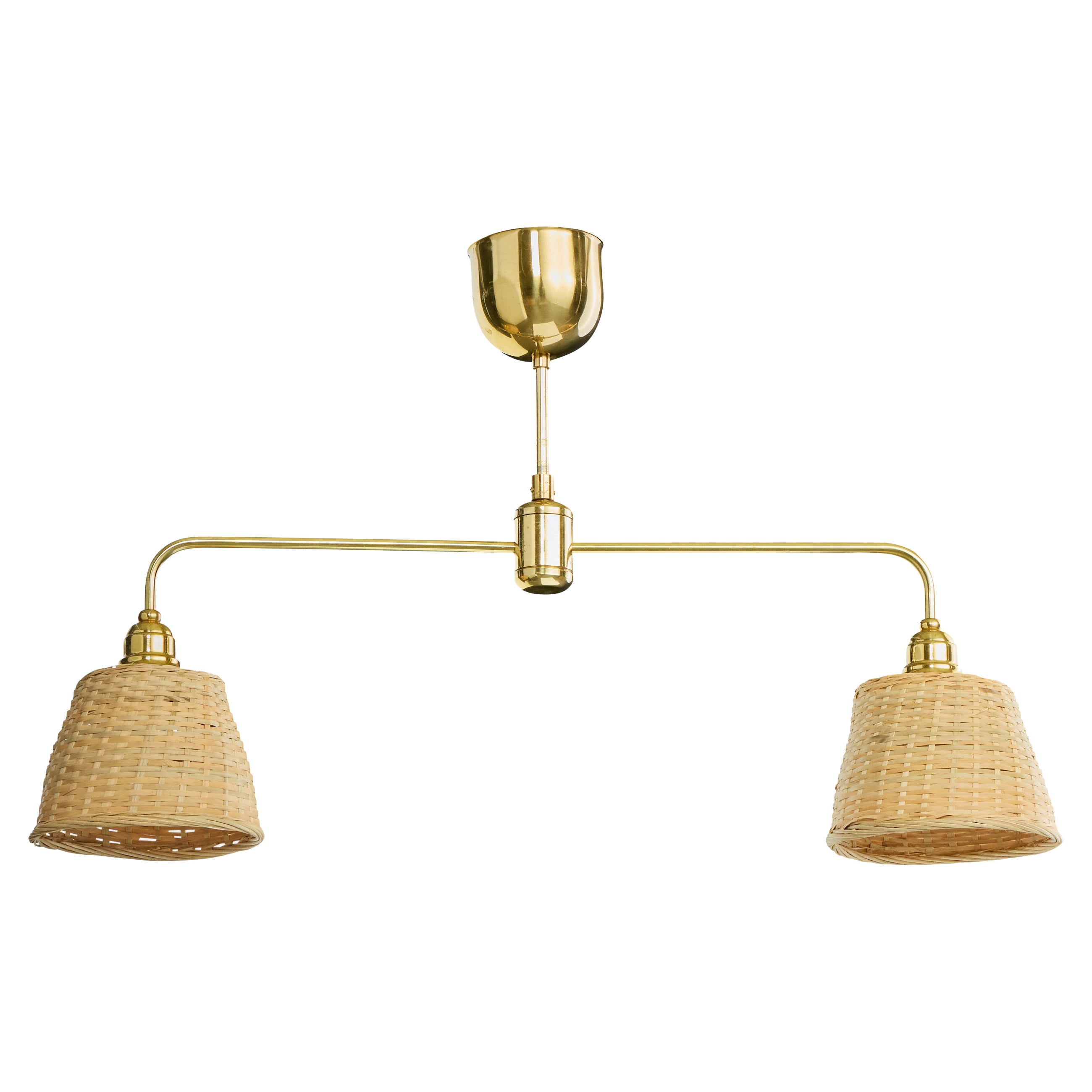 Swedish Designer, Chandelier, Brass, Rattan, Sweden, 1980s