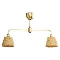 Swedish Designer, Chandelier, Brass, Rattan, Sweden, 1980s