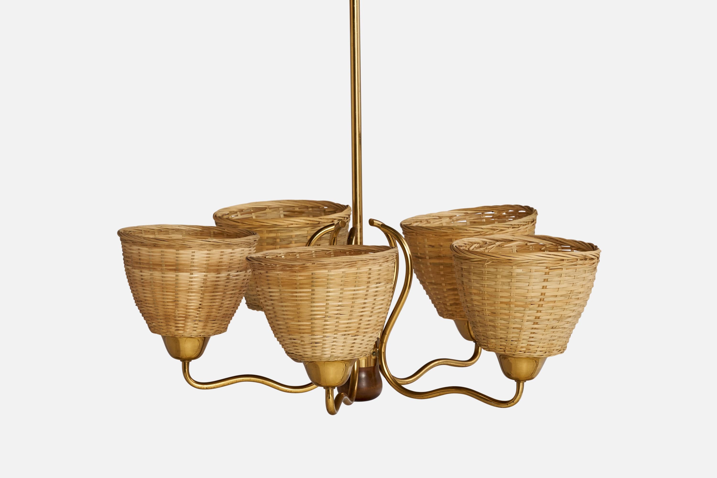 Swedish Designer, Chandelier, Brass, Rattan, Wood, Sweden, 1940s In Good Condition For Sale In High Point, NC