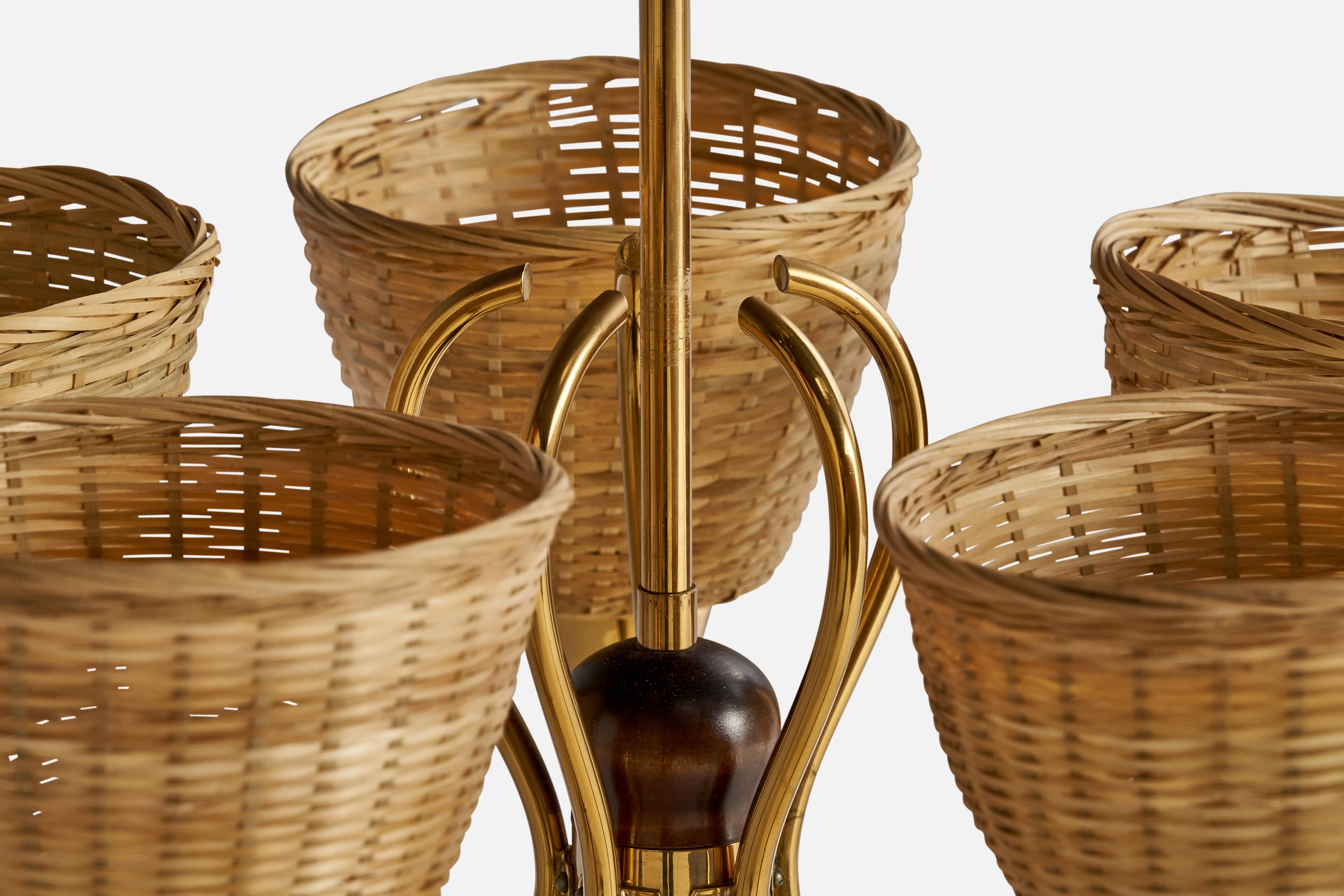 Swedish Designer, Chandelier, Brass, Rattan, Wood, Sweden, 1940s For Sale 2