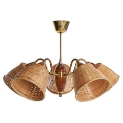 Designer suédois, lustre, laiton, rotin, bois, Suède, années 1950