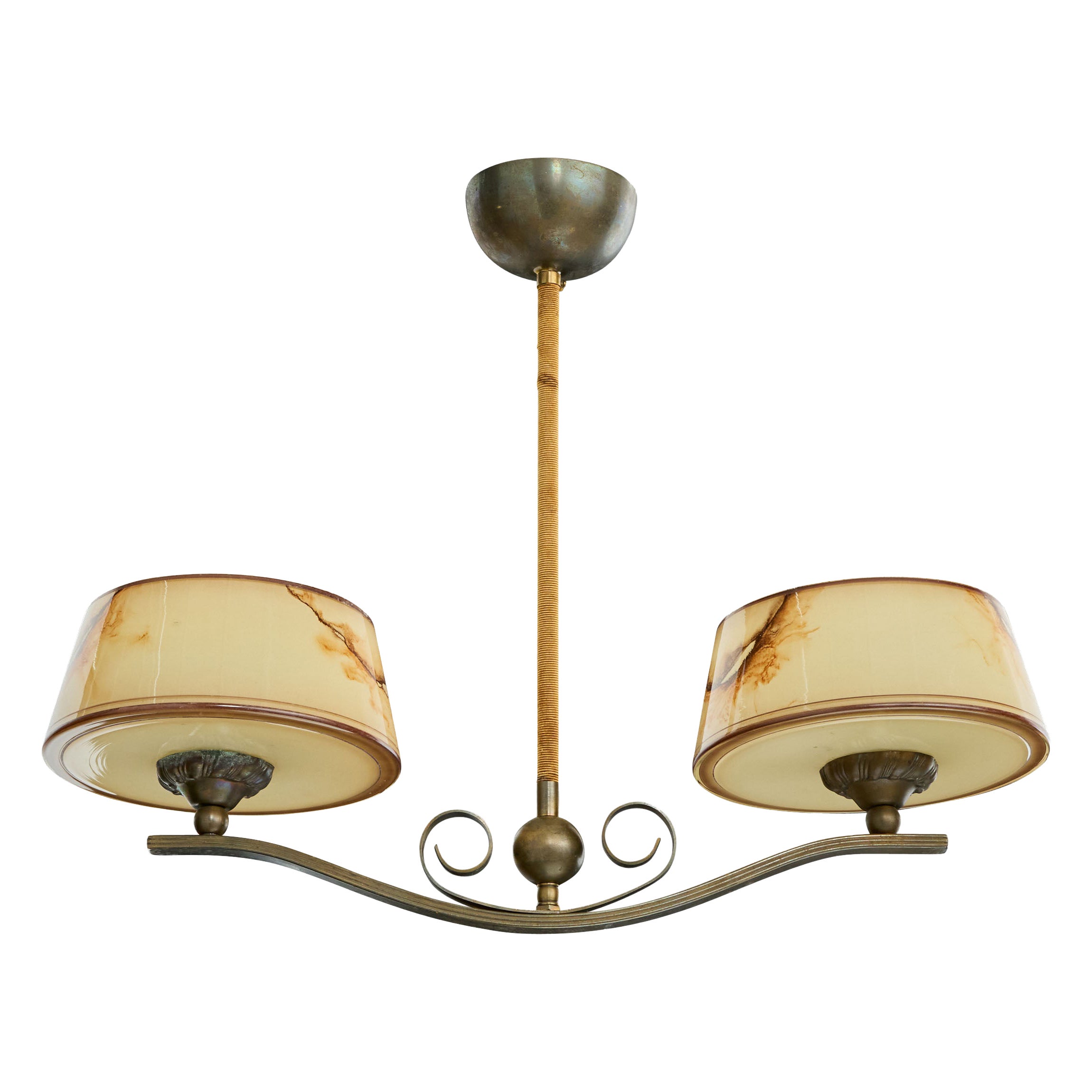 Swedish Designer, Chandelier, Brass, Rope, Glass, Sweden, 1930s For Sale