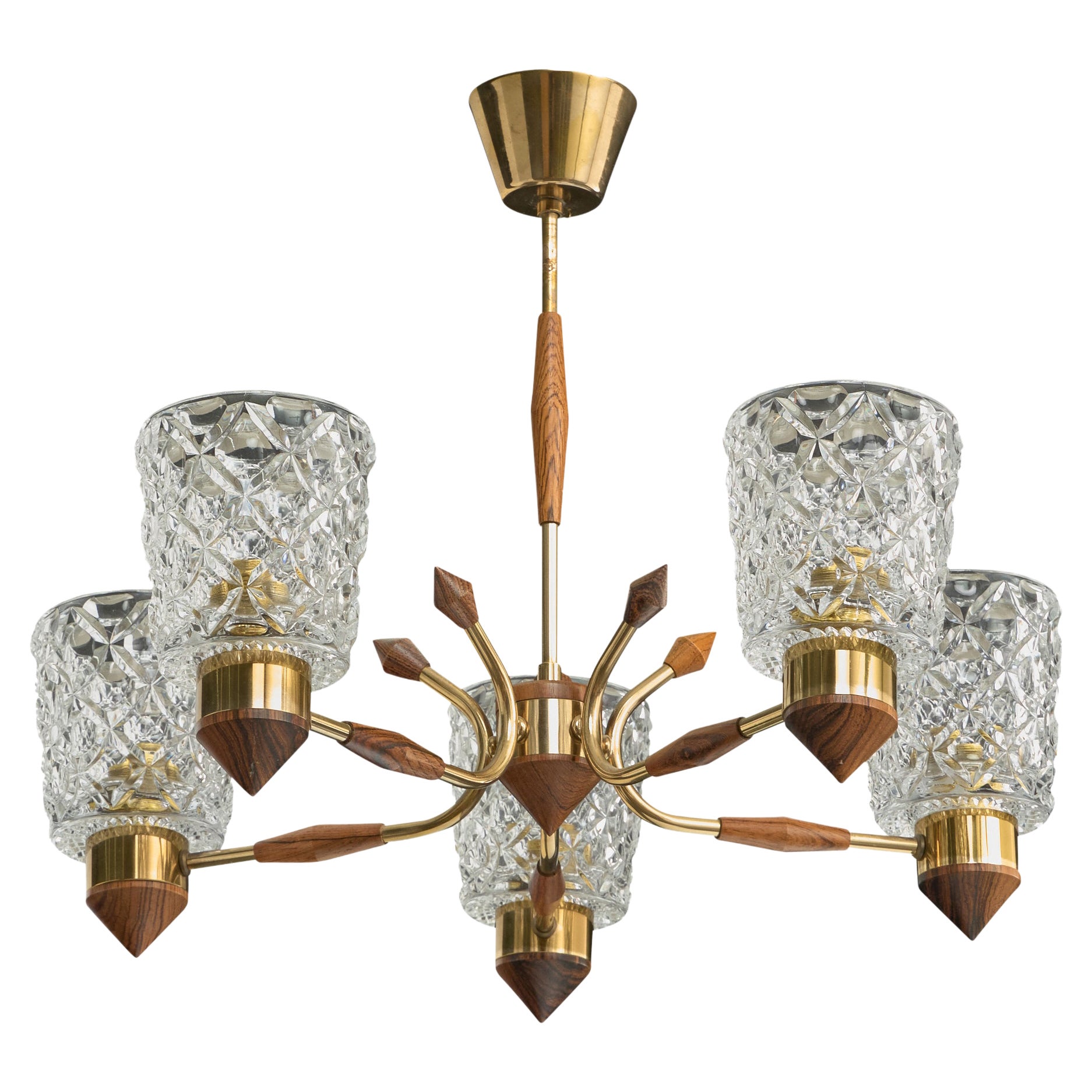 Swedish Designer, Chandelier, Brass, Rosewood, Glass, Sweden, 1950s