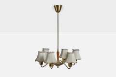 Swedish Designer, Chandelier, Brass, Teak, Fabric, Sweden, 1950s