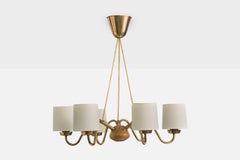 Swedish Designer, Chandelier, Brass, Teak, Fabric, Sweden, 1950s
