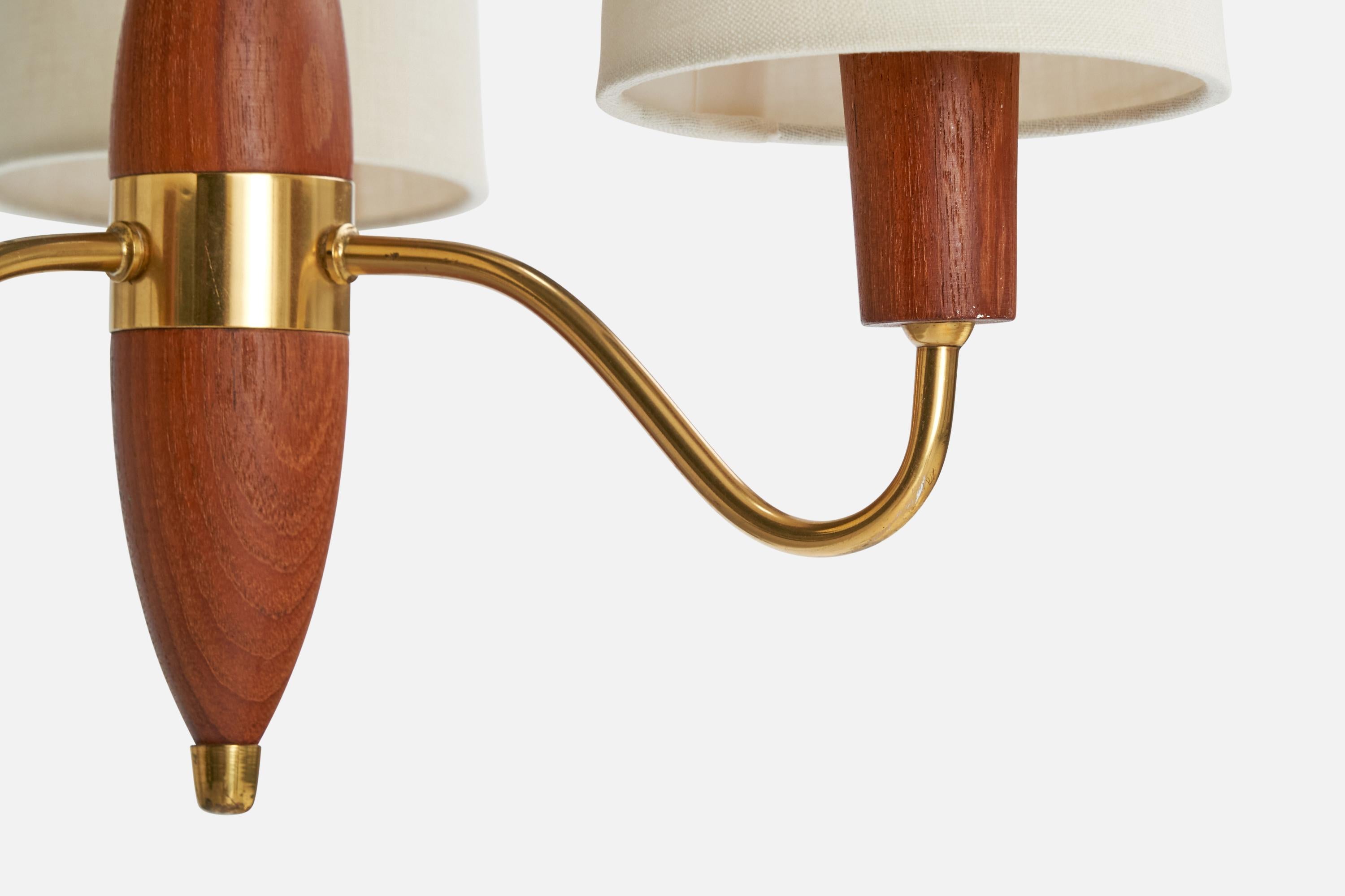 Schwedischer Designer, Kronleuchter, Messing, Teakholz, Stoff, Schweden, 1950er Jahre im Angebot 2