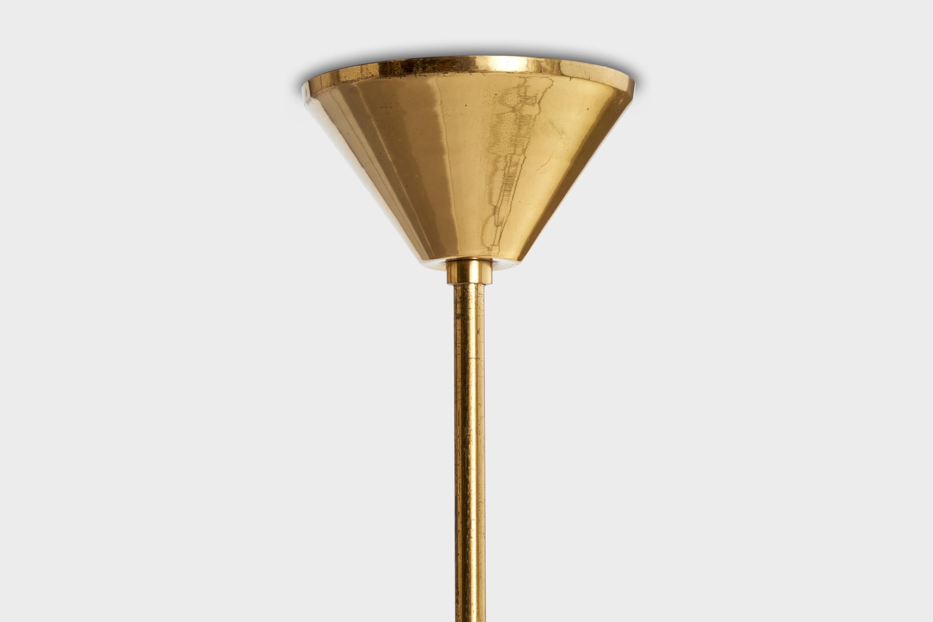 Schwedischer Designer, Kronleuchter, Messing, Teakholz, Stoff, Schweden, 1950er Jahre im Angebot 4