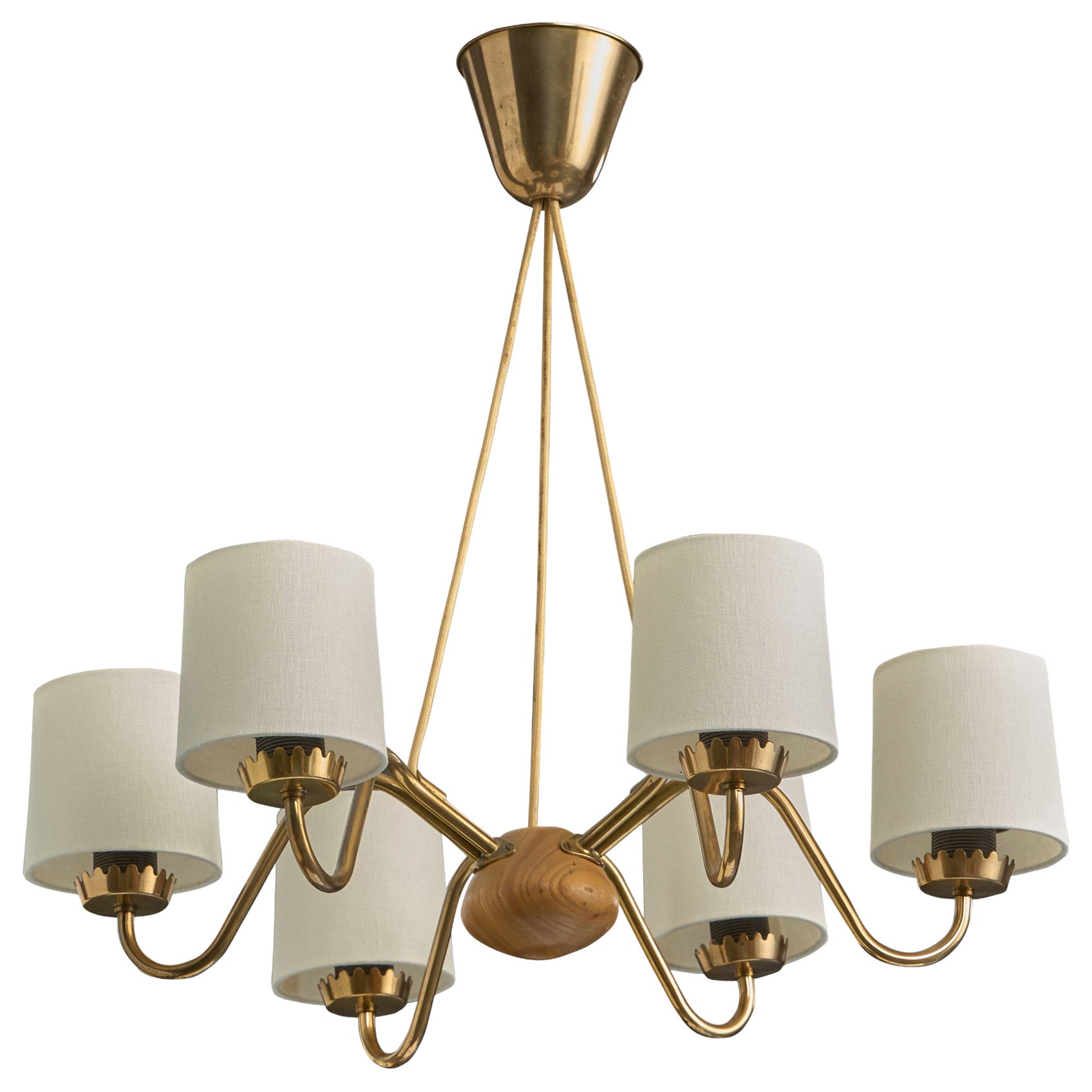 Swedish Designer, Chandelier, Brass, Teak, Fabric, Sweden, 1950s For Sale
