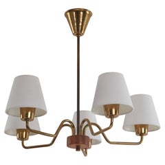 Swedish Designer, Chandelier, Brass, Teak, Fabric, Sweden, 1950s