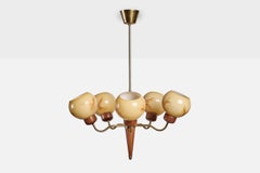 Swedish Designer, Chandelier, Brass, Teak, Glass, Sweden, 1950s