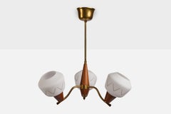 Schwedischer Designer, Kronleuchter, Messing, Teakholz, Glas, Schweden, 1950er Jahre