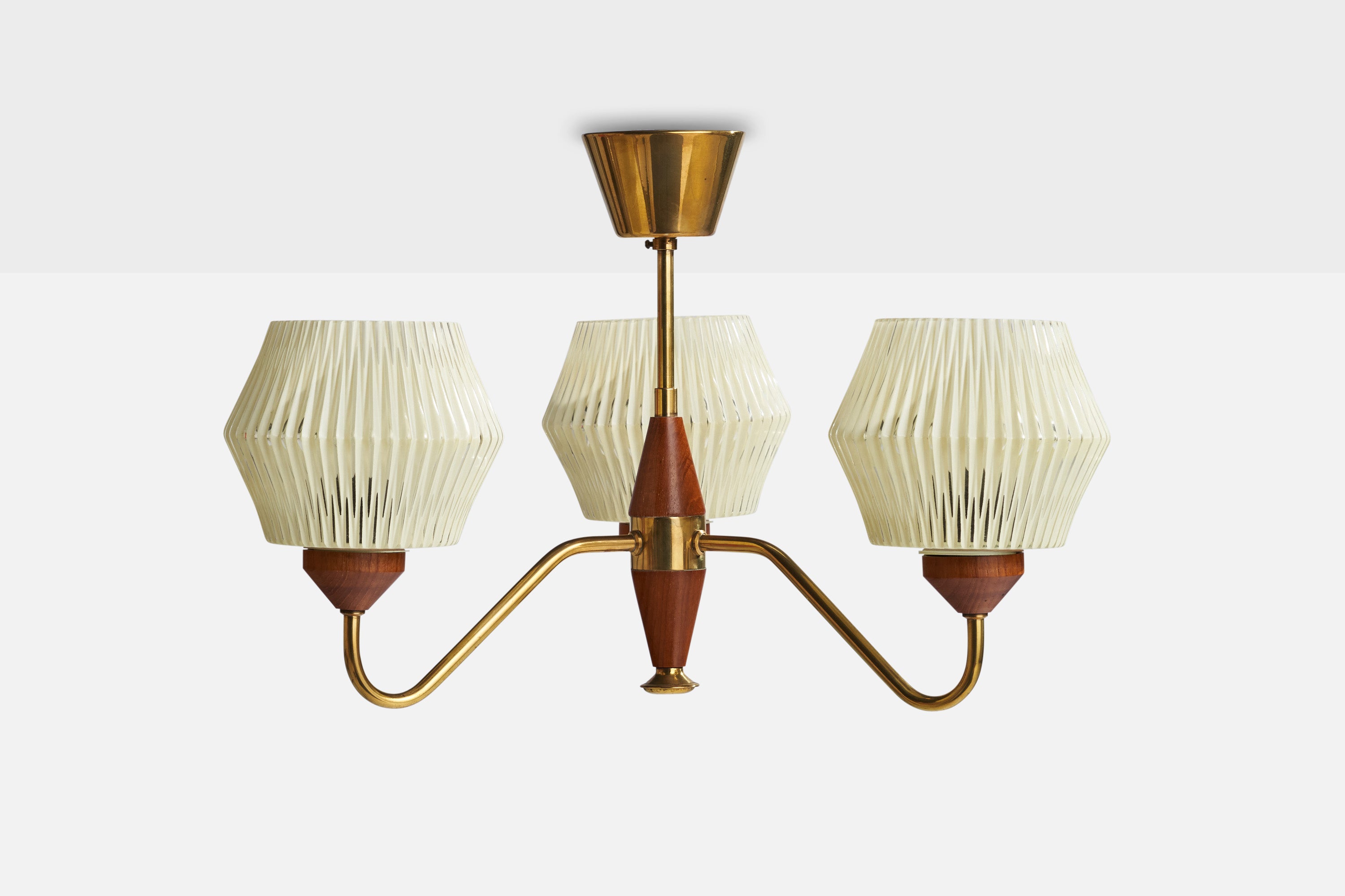 A three-armed brass, teak and etched glass chandelier designed and prodquced in Sweden, 1950s.

Dimensions of canopy (inches): 2.5” H x 3.5”  Diameter
Socket takes standard E-26 bulbs. 3 sockets.There is no maximum wattage stated on the fixture. All