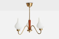 Schwedischer Designer, Kronleuchter, Messing, Teakholz, Glas, Schweden, 1950er Jahre