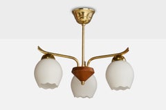 Swedish Designer, Chandelier, Brass, Teak, Glass, Sweden, 1950s