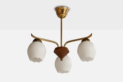 Swedish Designer, Chandelier, Brass, Teak, Glass, Sweden, 1950s