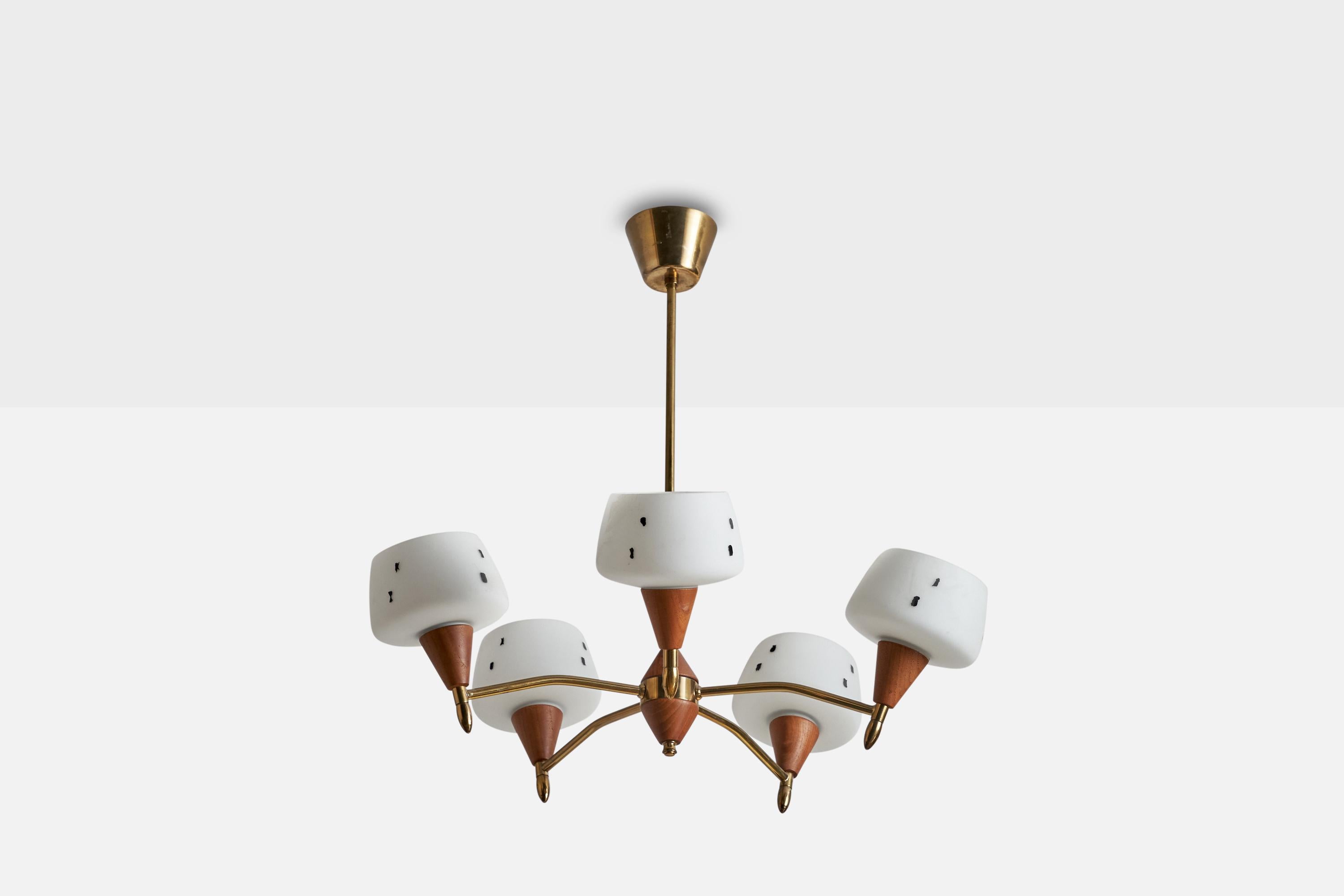 A teak, brass and painted opaline glass chandelier designed and produced in Sweden, 1950s.

Dimensions of canopy (inches): 2.25” H x 3.5” Diameter
Socket takes standard E-26 bulbs. 5 sockets.There is no maximum wattage stated on the fixture. All
