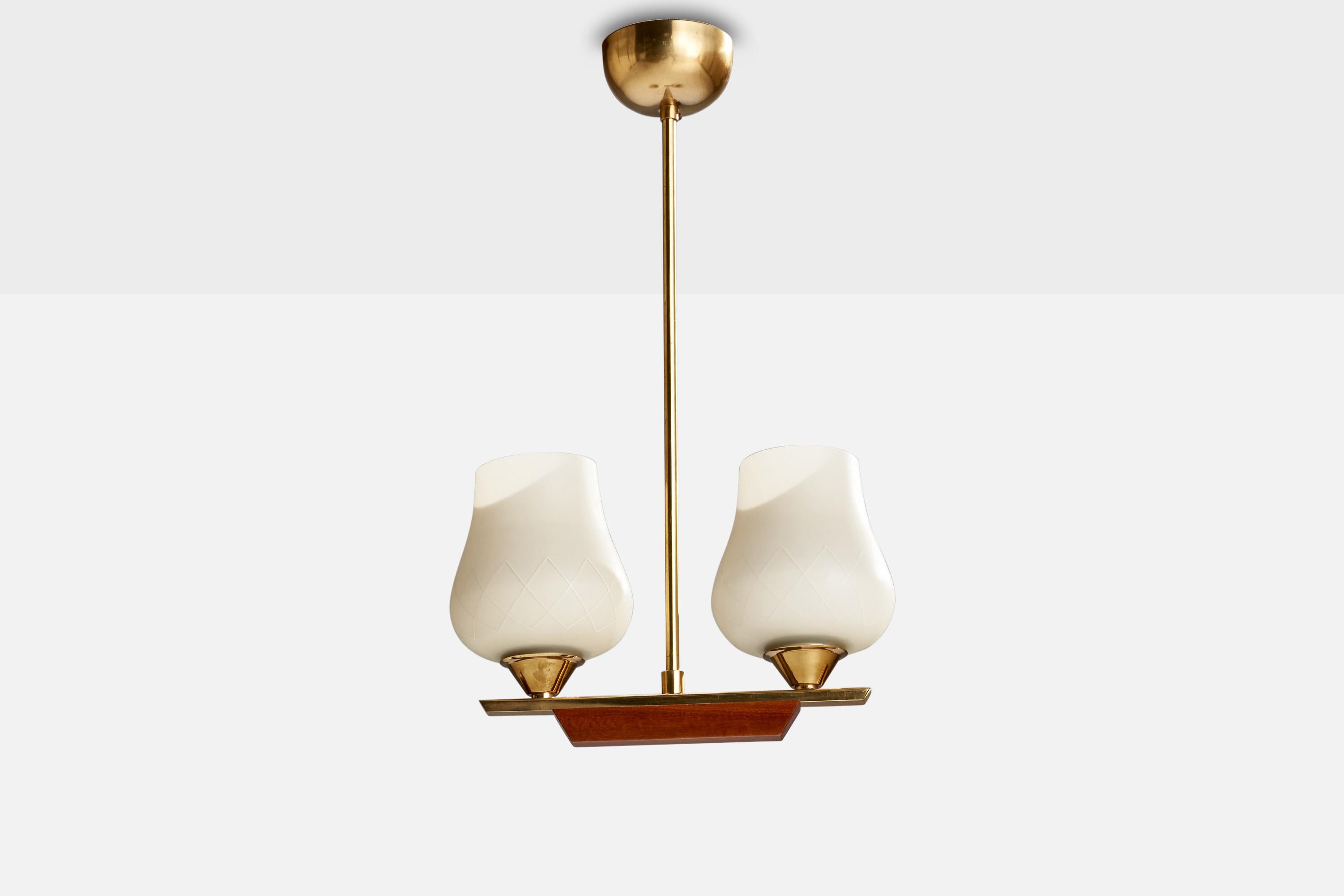 A brass, teak and opaline glass chandelier designed and produced in Sweden, c. 1950s.

Dimensions of canopy (inches): 2” H x 3.5” Diameter
Socket takes standard E-26 bulbs. 2 socket.There is no maximum wattage stated on the fixture. All lighting
