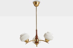 Swedish Designer, Chandelier, Brass, Teak, Glass, Sweden, 1950s