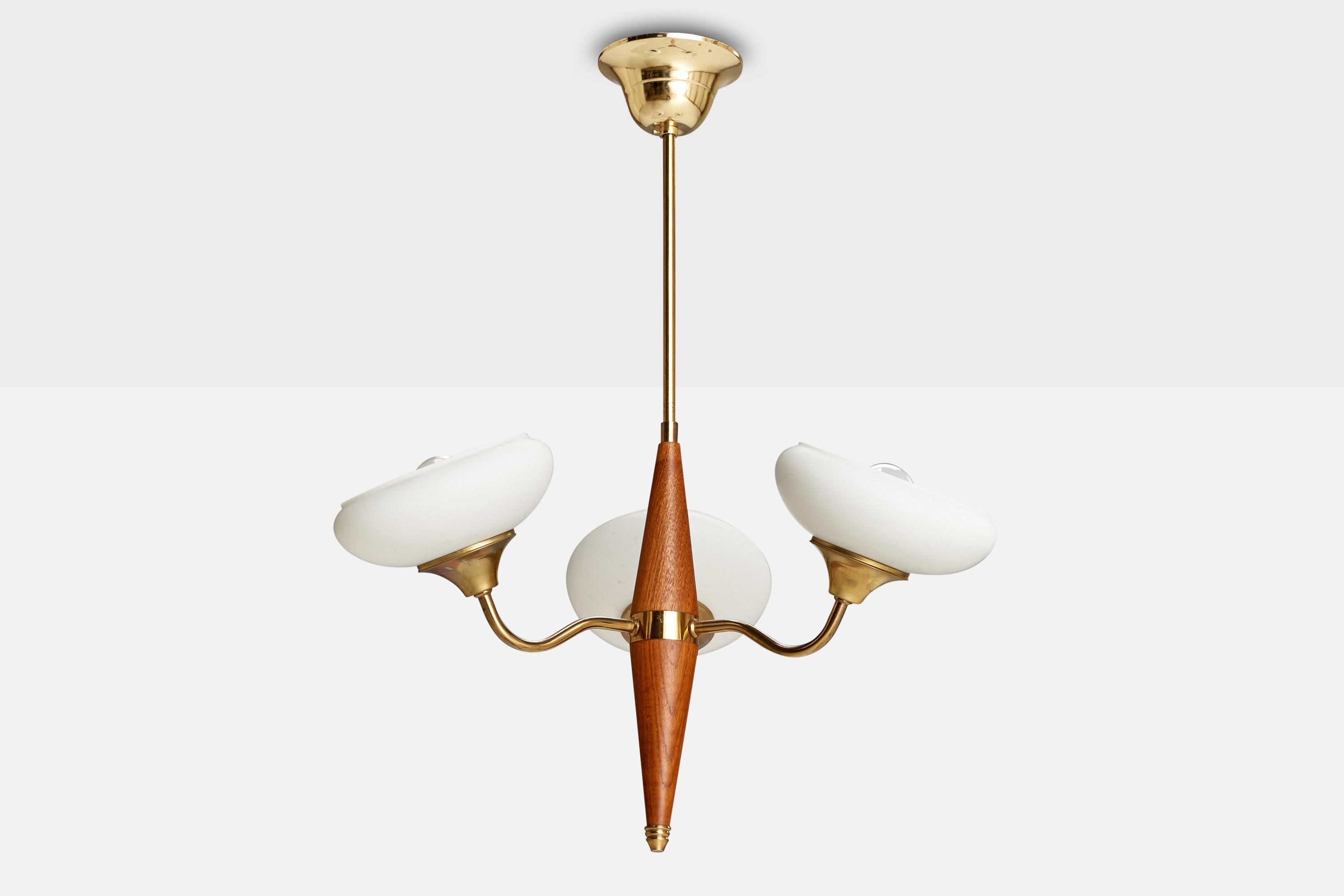 A brass, teak and opaline glass chandelier designed and produced in Sweden, c. 1950s.

Overall Dimensions (inches): 23.75” H x  18.25” Diameter
Dimensions of Canopy:  2.625” H x 4.375” W x 4.375” D
Stem length: 9”H
Bulb Specifications: E-26 
