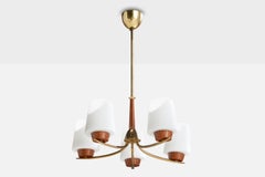 Swedish Designer, Chandelier, Brass, Teak, Glass, Sweden, 1950s