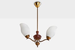 Lampadario di design svedese, ottone, teak, vetro, Svezia, anni '50