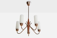 Schwedischer Designer, Kronleuchter, Messing, Teakholz, Glas, Schweden, 1950er Jahre