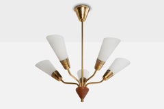 Swedish Designer, Chandelier, Brass, Teak, Glass, Sweden, 1950s