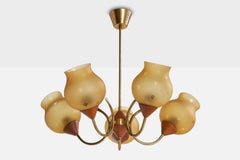 Swedish Designer, Chandelier, Brass, Teak, Glass, Sweden, 1950s