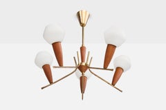 Lampadario di design svedese, ottone, teak, vetro, Svezia, anni '50