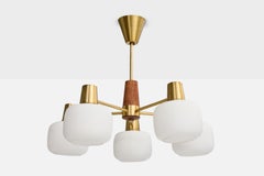 Swedish Designer, Chandelier, Brass, Teak, Glass, Sweden, 1950s