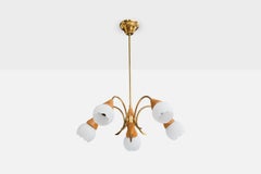 Swedish Designer, Chandelier, Brass, Teak, Glass, Sweden, 1950s