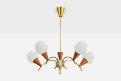 Swedish Designer, Chandelier, Brass, Teak, Glass, Sweden, 1950s